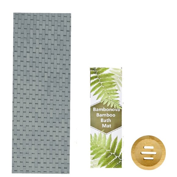 Grey Bamboo Bath Mat and Wooden Soap Dish - Picture 1 of 6